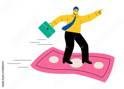 Investment direction concept. Business man riding flying money banknotes. Flat vector illustration isolated on white background