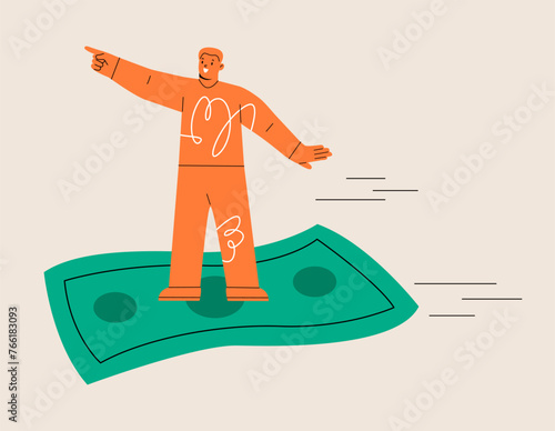 Investment direction concept. Man riding flying money banknotes. Colorful vector illustration