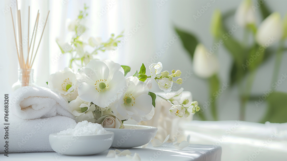 Beautiful spring white flowers on a wooden table cream and yellow spring love