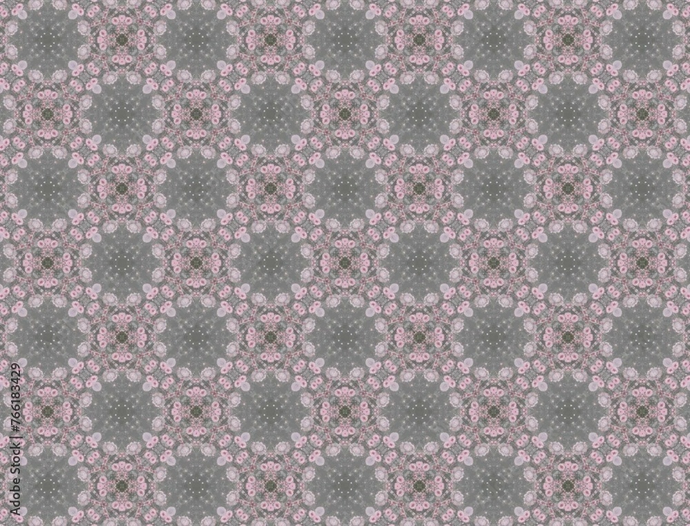 Beautiful fabric pattern, gray background, decorated with a light pink flower pattern.