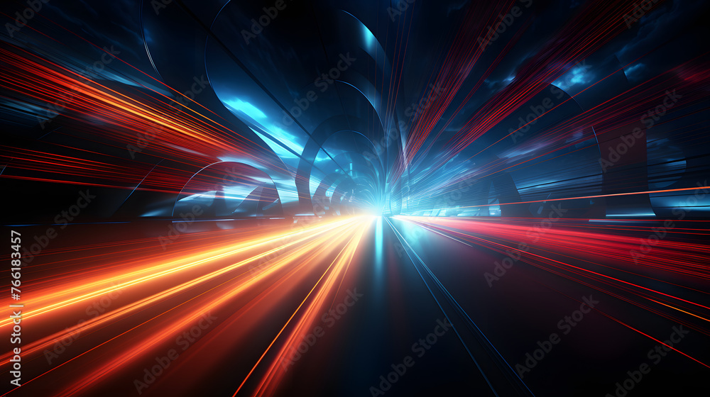 blue and red light trails through a dark background