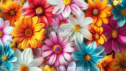 Various vibrant flowers arranged in a display, showcasing a variety of colors and shapes