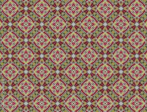 Beautiful fabric pattern, clear pattern, red and yellow tones, mixed Thai pattern.