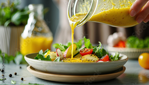 Woman hand pouring honey mustard dressing into bowl with fresh salad on table