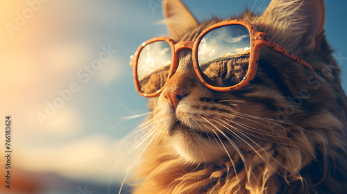 cat wearing sunglasses next to a boat ad