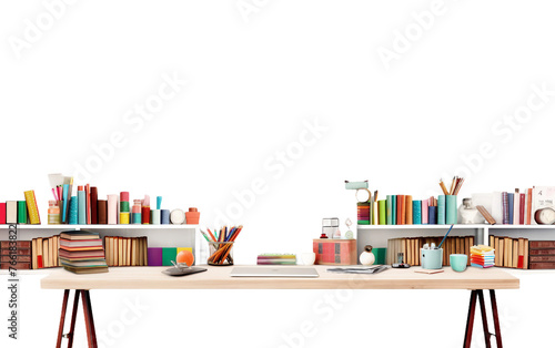 Desk Setup with Neat School Supplies Isolated On Transparent Background PNG.