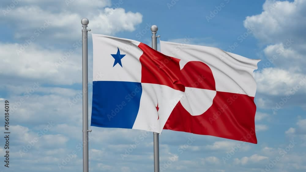 Greenland and Panama two flags waving together, looped video, two country relations concept Greenland and Panama two flags waving together, looped video, two country relations concept