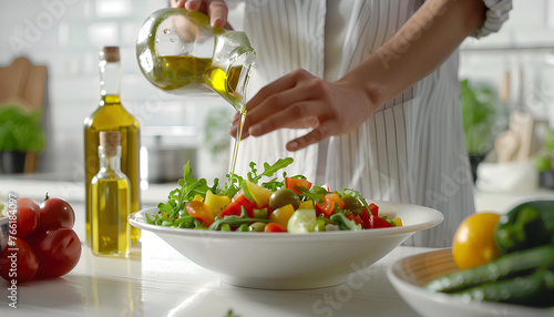 Woman adding olive oil to fresh vegetable salad on table