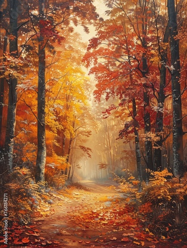 A painting of a forest with autumn leaves on the ground. The mood of the painting is peaceful and serene