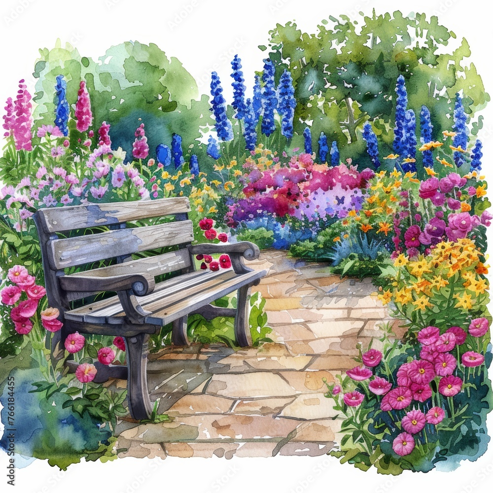 A bench is placed in a garden with a path leading to it. The garden is filled with colorful flowers and plants, creating a peaceful and serene atmosphere. The bench serves as a place for people to sit