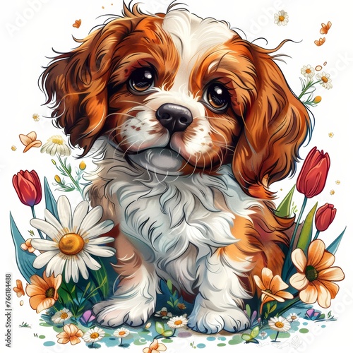 A cute brown and white dog is sitting in a field of flowers. The dog is looking up at the camera with a curious expression. The flowers are scattered throughout the scene, with some close to the dog