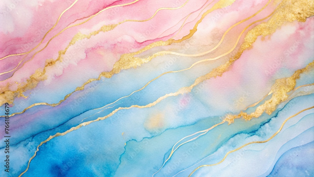 Abstract watercolor paint background with soft pastel pink and blue with gold veins
