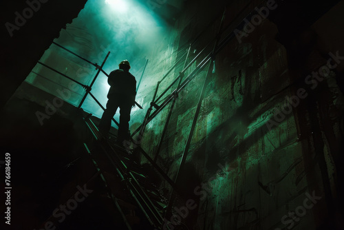 An abstract image of a construction worker at work in a dark building.