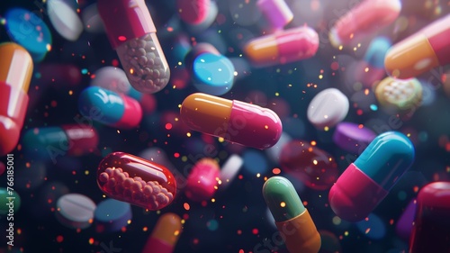 A multitude of vibrant pills soaring through the air with motion blur effect photo
