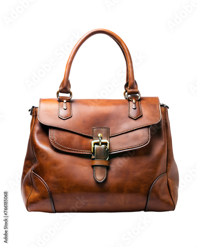 Brown leather female handbag isolated on a transparent background