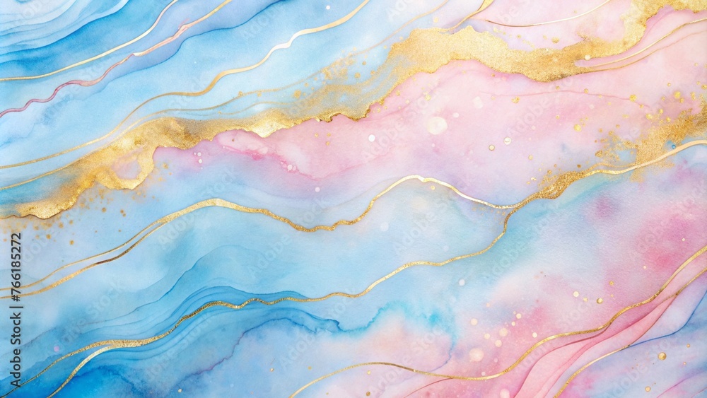 Abstract watercolor paint background with soft pastel pink and blue with gold veins Abstract watercolor paint background with soft pastel pink and blue with gold veins