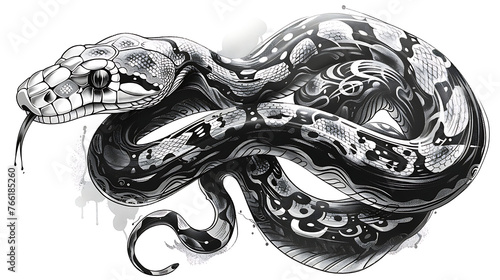 an snake drawing is shown in black and white, in the style of tattoo inspired, tempera, bold outlines. Generative Ai photo