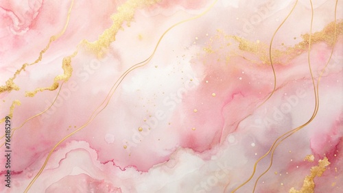 Abstract watercolor paint background with soft pastel pink and gold lines