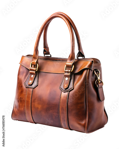 Brown leather female handbag isolated on a transparent background