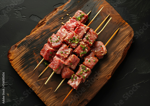 Raw meat skewers on the pallet,created with Generative AI tecnology.