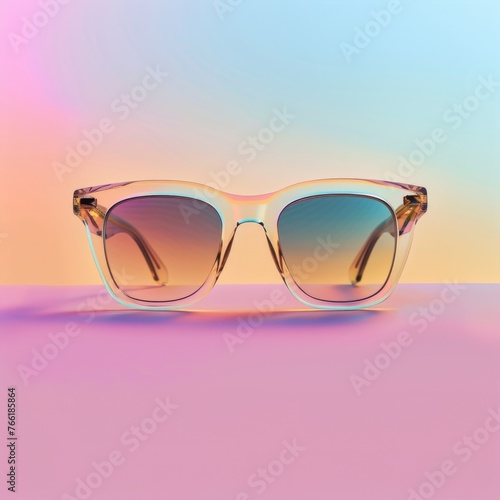 Chic transparent framed sunglasses casting a soft shadow on a pastel pink and blue background. 