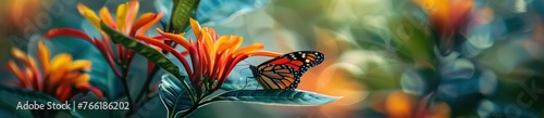 A butterfly perched with vibrant colors and blurred greenery in the background.