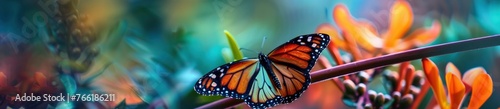 A butterfly perched with vibrant colors and blurred greenery in the background.