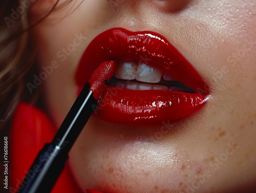 Close-up of hand applying liquid lipstick photo