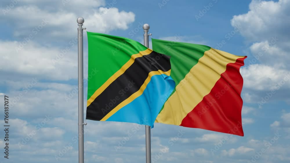 Republic of the Congo and Tanzania two flags waving together, looped video, two country relations concept Republic of the Congo and Tanzania two flags waving together, looped video, two country relations concept