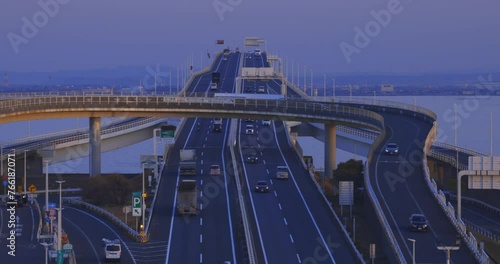 A dusk traffic jam on the highway at Tokyo bay area in Chiba photo