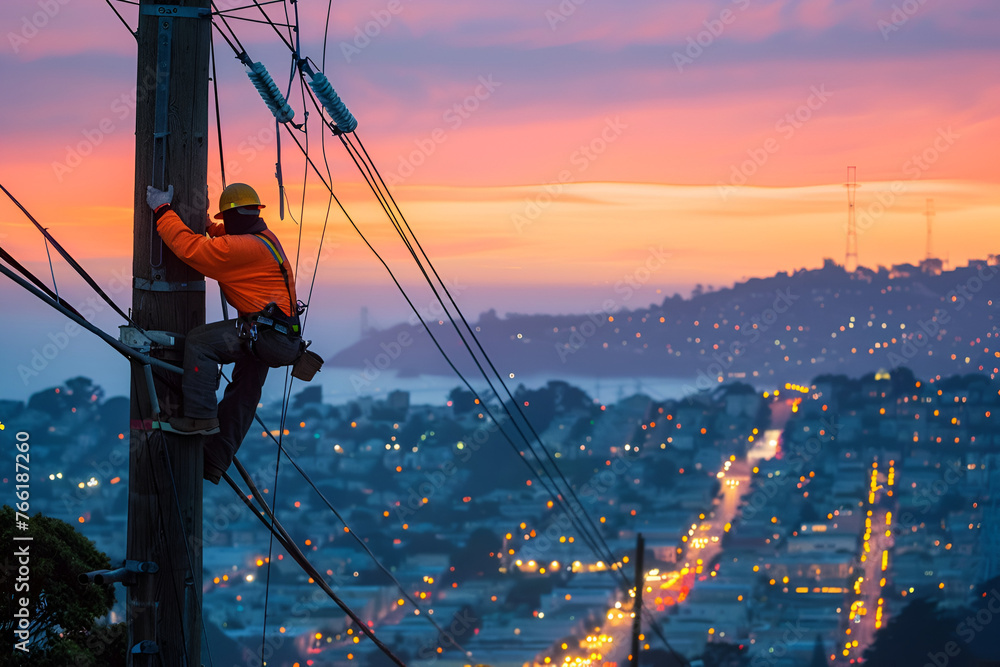 Naklejka premium Electrical Worker Replaces Insulation While Hanging From Electric Pole 