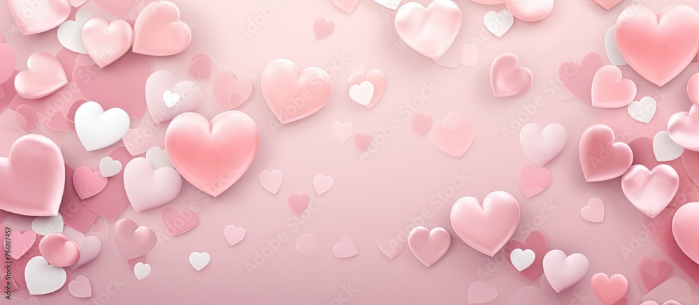 Pink background adorned with small pink hearts, and a scattering of white hearts creating a charming pattern