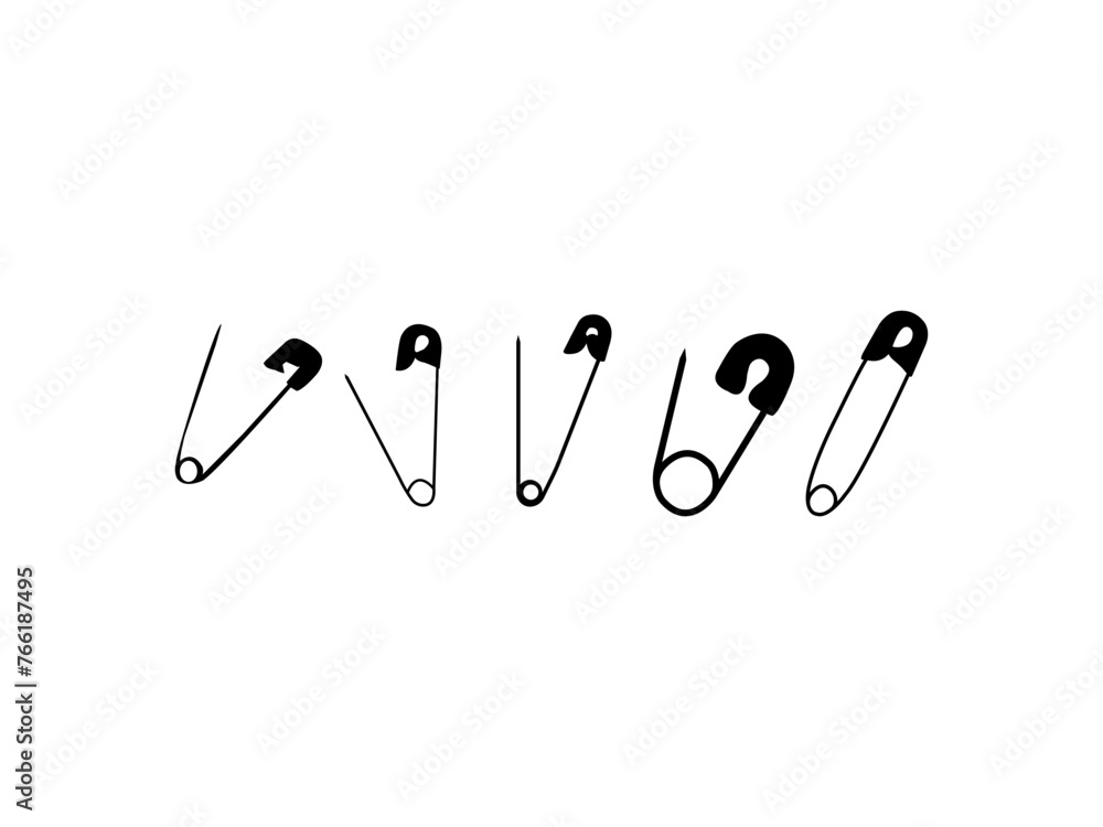 Safety pin. Black silhouettes of safety pins. Open and close safety pins. Safety Pin Vector silhouette editable file on a transparent white background. Safety pin. Black silhouettes of safety pins. Open and close safety pins. Safety Pin Vector silhouette editable file on a transparent white background.