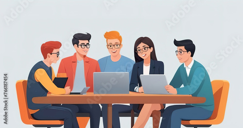 Group of business people sitting at table and working on laptop. Teamwork concept. Vector illustration in cartoon style