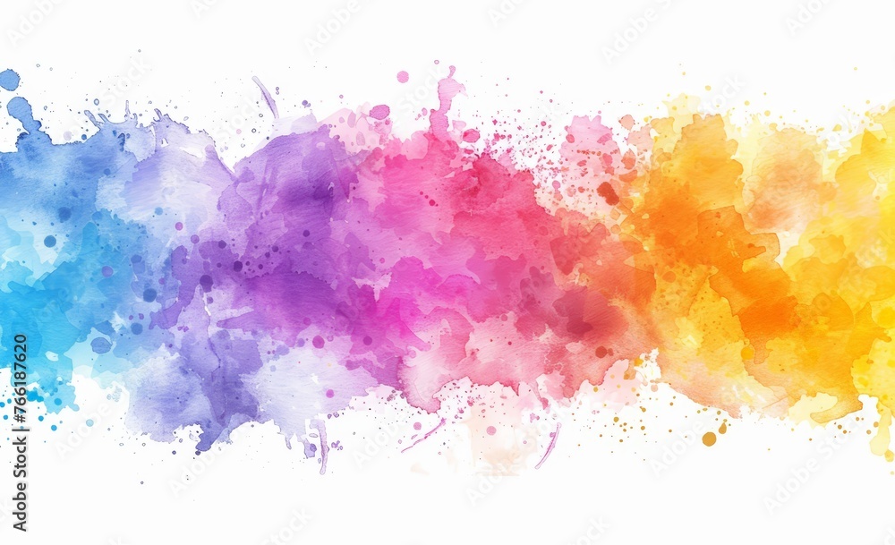 Fototapeta premium Rainbow colored paint splatters across a pure white background in a vibrant and dynamic display of color and movement