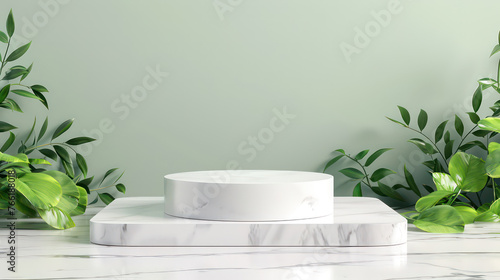 Round white marble platform podium and green leaves bushes around. Summer background with green leaves bushes and sunlight. Photorealistic 3d stylish mockup template for product presentation