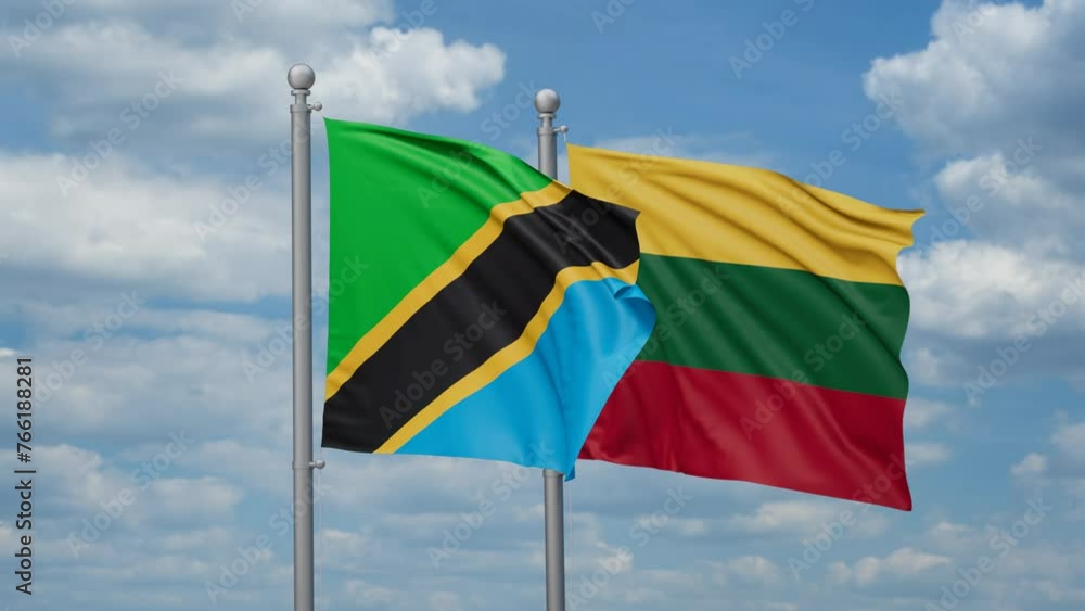 Lithuania and Tanzania two flags waving together, looped video, two country relations concept Lithuania and Tanzania two flags waving together, looped video, two country relations concept