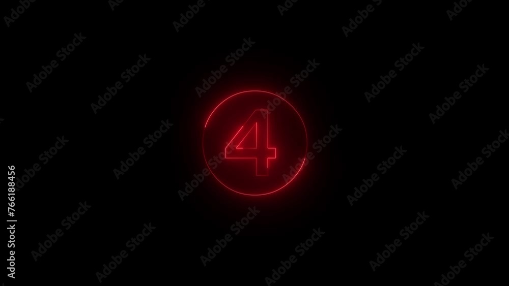 Neon glowing red color four sign icon animation black background Neon glowing red color four sign icon animation black background