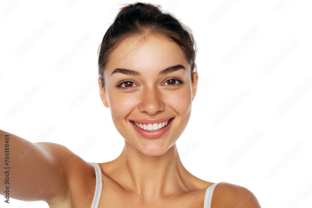 Portrait of beautiful young woman taking selfie posing with smile and attractive focus look, isolated on trasparent png background. Portrait of beautiful young woman taking selfie posing with smile and attractive focus look, isolated on trasparent png background.