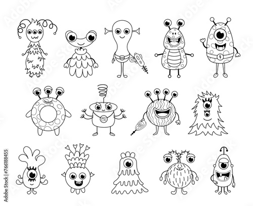 Big set of aliens and monsters. Coloring page. Black and white ufo. Vector