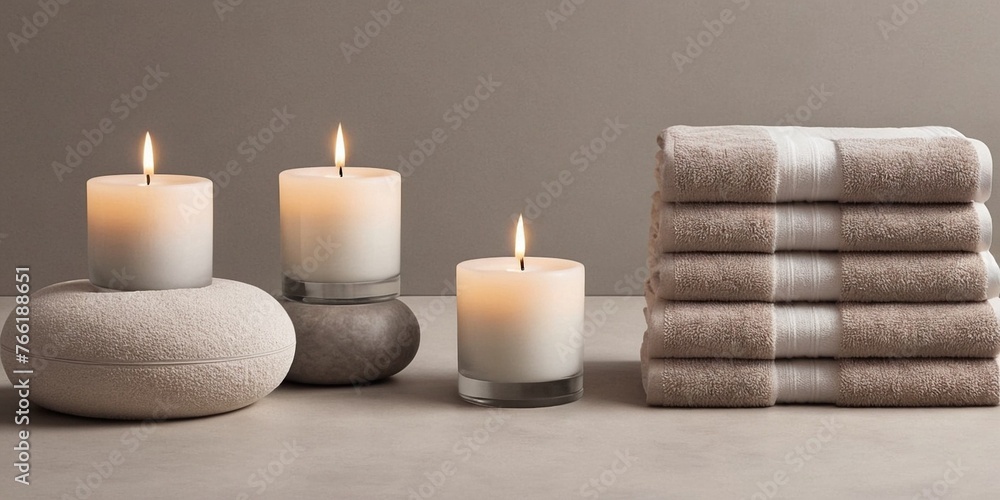 Spa still life with towels, candles and massage stones on grey background. Spa still life with towels, candles and massage stones on grey background.