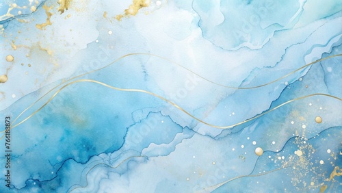 Abstract watercolor paint background with soft pastel blue and gold lines