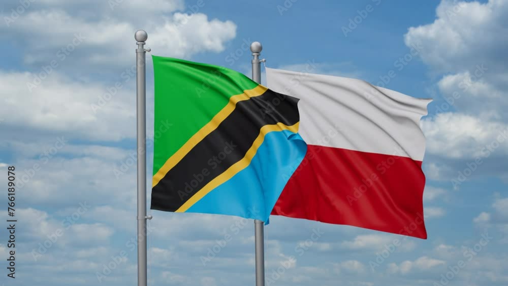 Poland and Tanzania two flags waving together, looped video, two country cooperation concept Poland and Tanzania two flags waving together, looped video, two country cooperation concept
