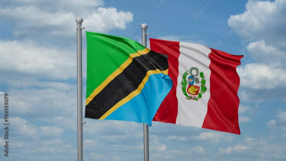 Peru and Tanzania two flags waving together, looped video, two country cooperation concept Peru and Tanzania two flags waving together, looped video, two country cooperation concept
