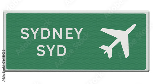 Digital composition. .Road sign for Sydney SYD airport. .PNg file .