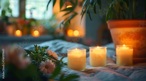  a couple of candles sitting on top of a bed next to a potted plant and a potted plant.