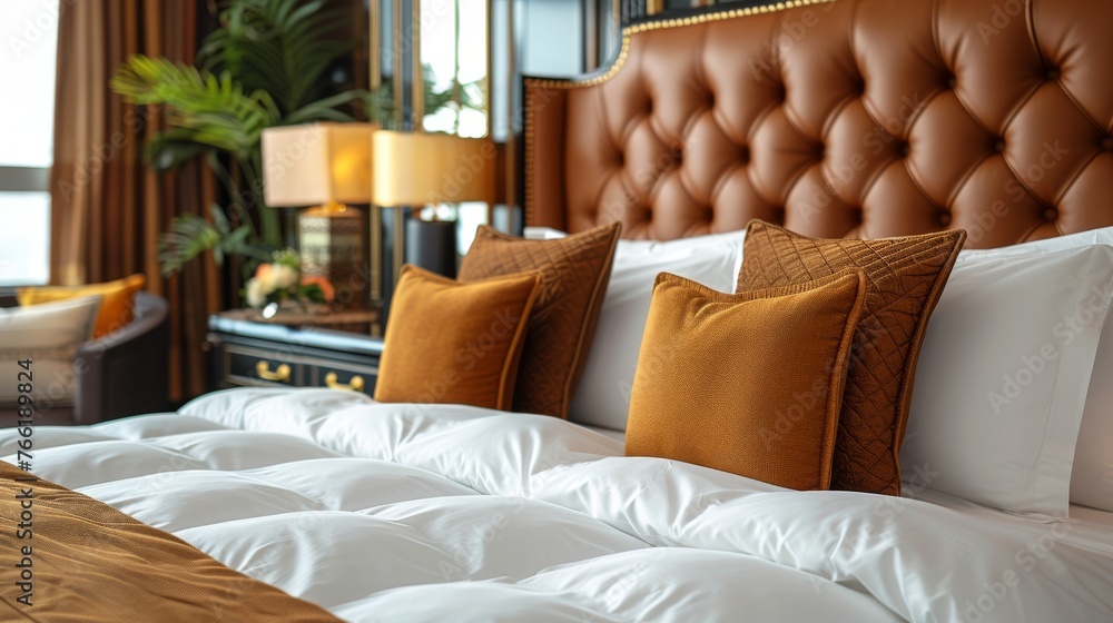 a bed with white and brown pillows and a brown headboard with a plant in the corner of the room. a bed with white and brown pillows and a brown headboard with a plant in the corner of the room.