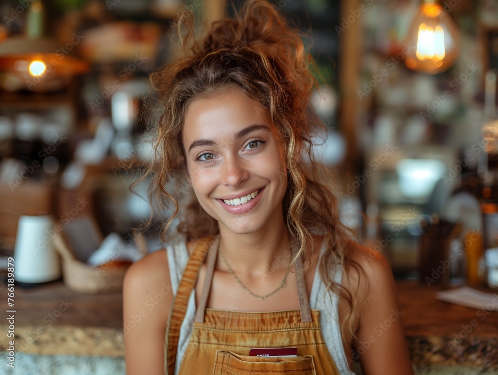 Portrait of a happy female barista standing behind the counter in a coffee shop, woman in an apron looks at the camera