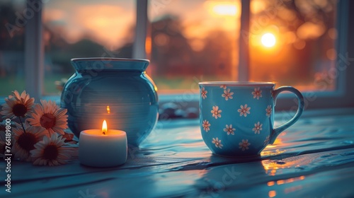  a teacup and a candle on a table in front of a window with the sun setting in the background.