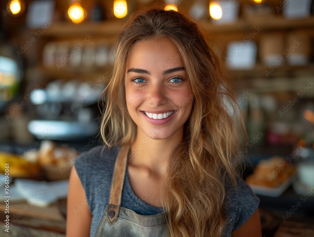 Portrait of a happy female barista standing behind the counter in a coffee shop, woman in an apron looks at the camera Portrait of a happy female barista standing behind the counter in a coffee shop, woman in an apron looks at the camera